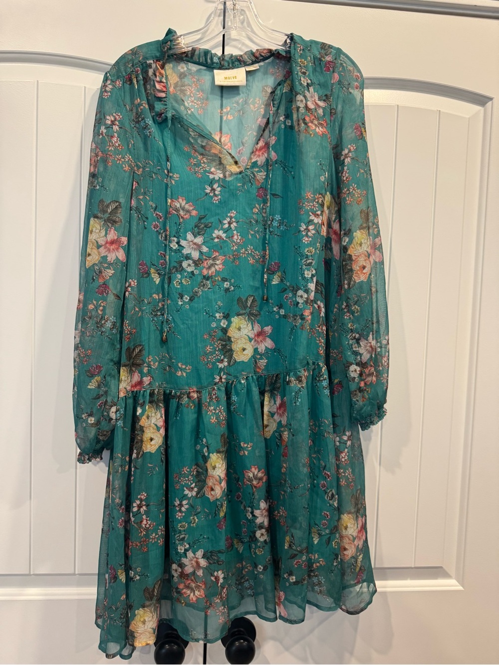 Anthropologie Teal Floral Long-Sleeve Ruffled Midi Dress
